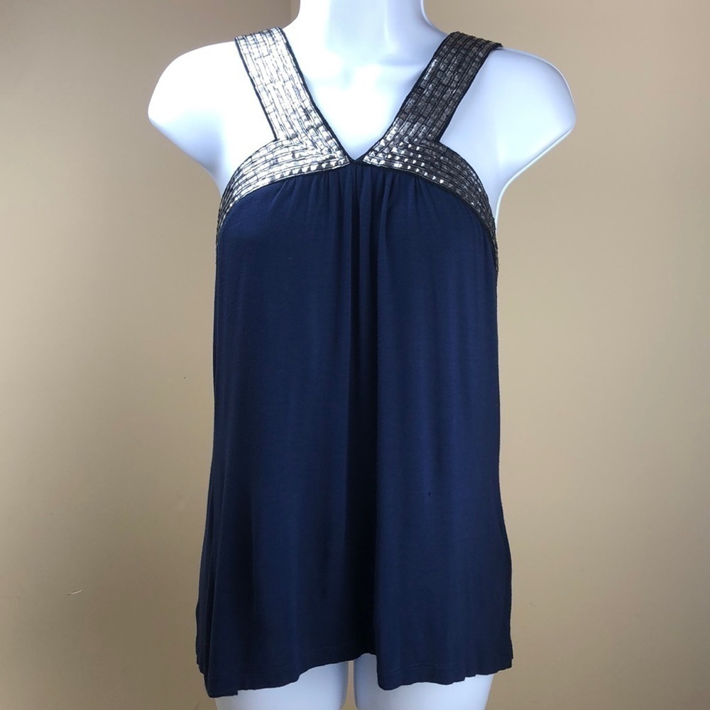 VELVET Navy Sequins Trim Top S